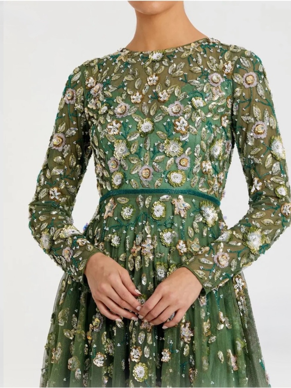 Embellished Green Long-Sleeve Tulle Evening Gown - Picture 2 of 6